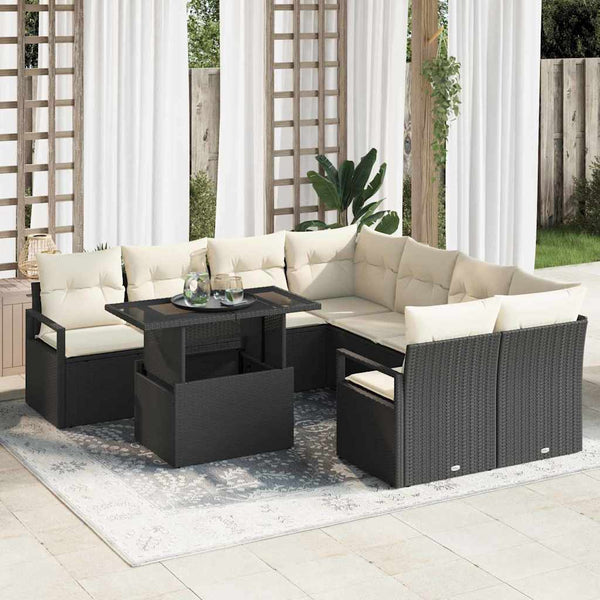 vidaXL Garden Sofa Set with Storage 9 pcs Black and Cream Poly Rattan
