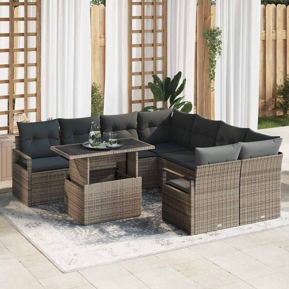 vidaXL Garden Sofa Set with Storage and Cushions 9 pcs Grey Poly Rattan