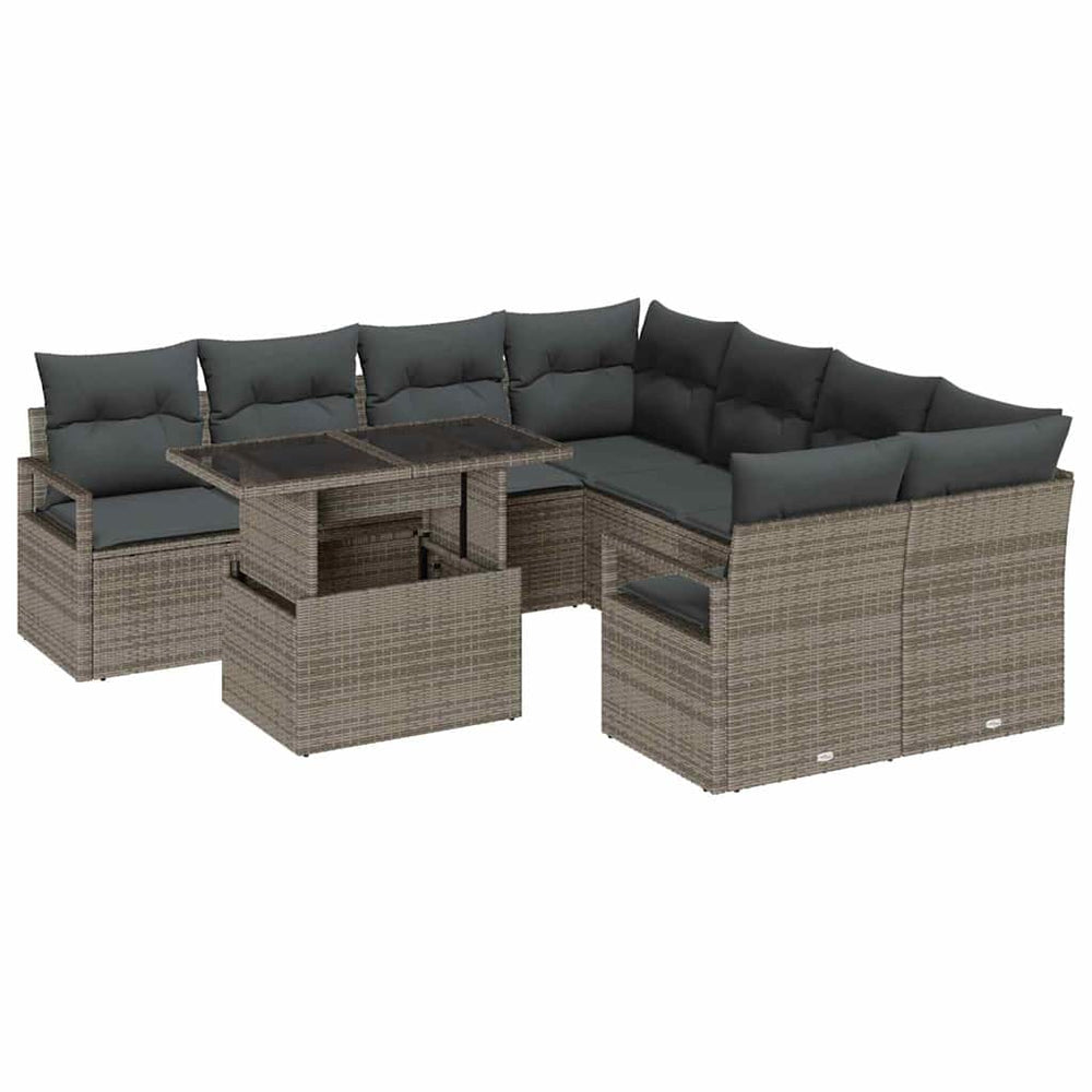 vidaXL Garden Sofa Set with Storage and Cushions 9 pcs Grey Poly Rattan