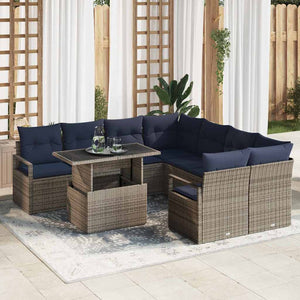 vidaXL Garden Sofa Set with Cushions 9 pcs Grey and Navy Blue Poly Rattan