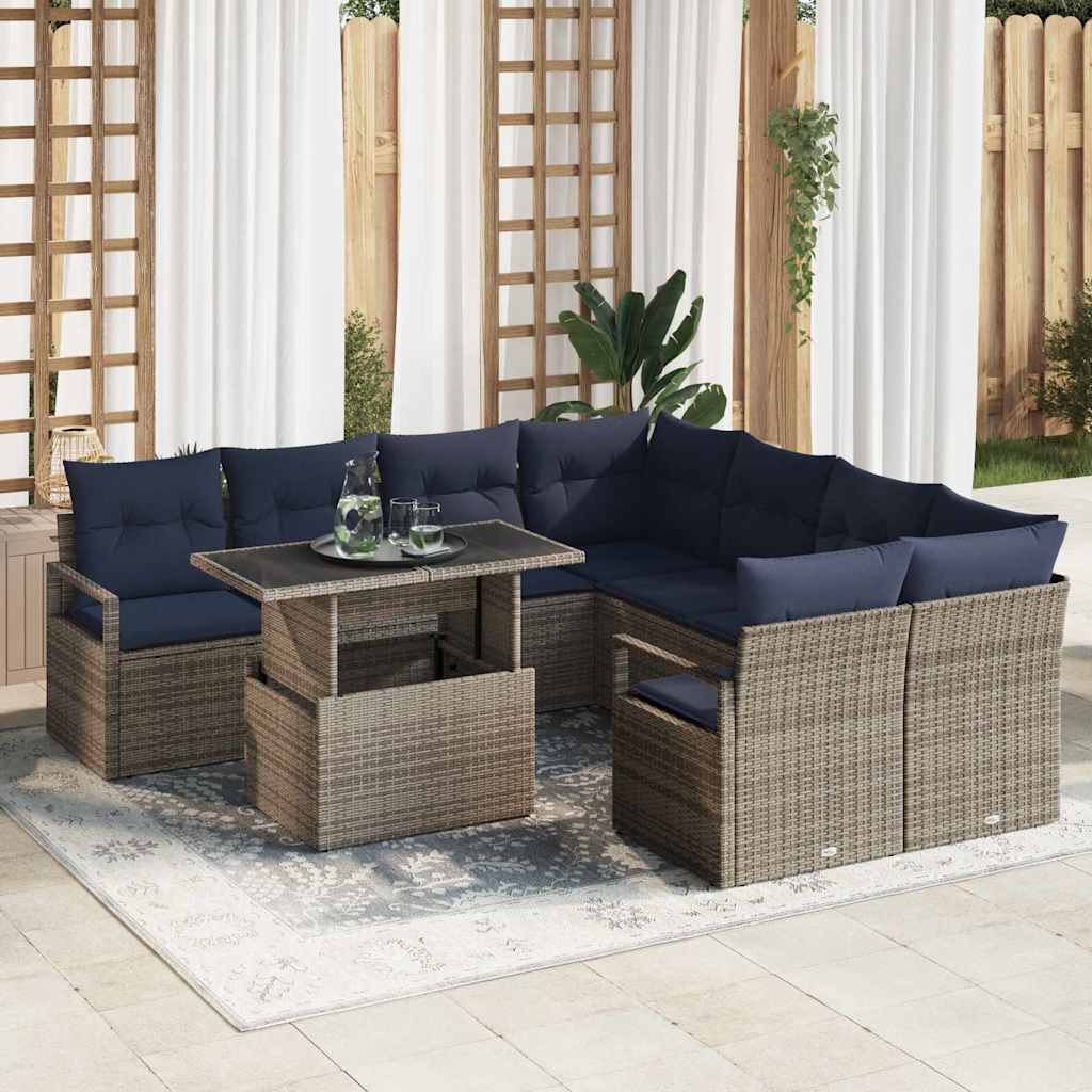 vidaXL Garden Sofa Set with Cushions 9 pcs Grey and Navy Blue Poly Rattan