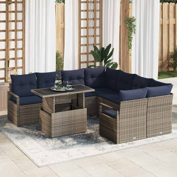 vidaXL Garden Sofa Set with Cushions 9 pcs Grey and Navy Blue Poly Rattan