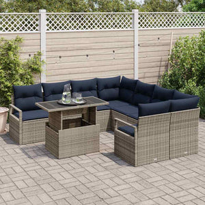 vidaXL Garden Sofa Set with Cushions 9 pcs Grey and Navy Blue Poly Rattan