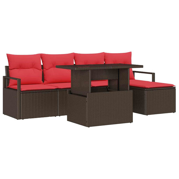 vidaXL Garden Sofa Set with Storage 6 pcs Brown and Red Poly Rattan