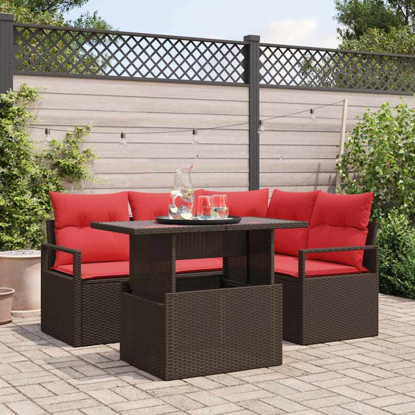 vidaXL Garden Sofa Set with Storage 5 pcs Brown and Red Poly Rattan