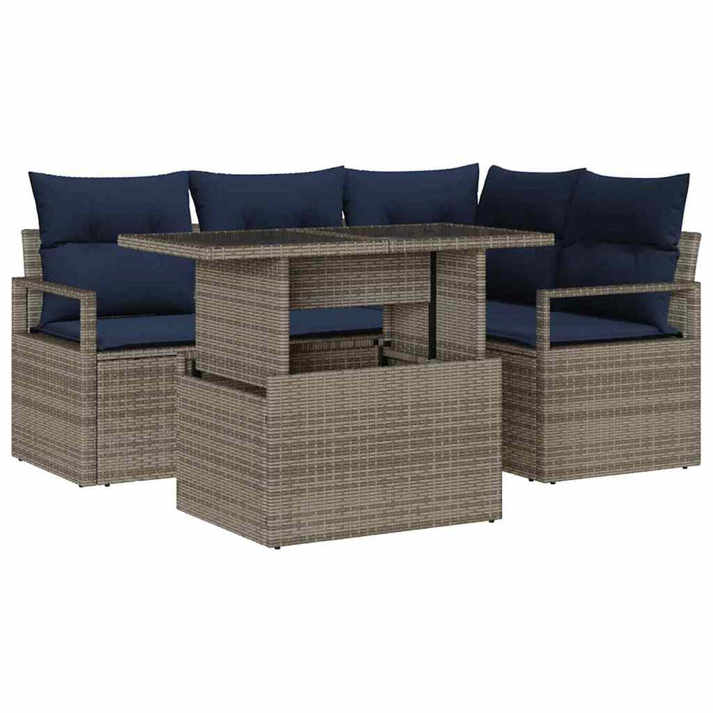 vidaXL 5-Piece Garden Sofa Set Grey and Navy Blue Poly Rattan