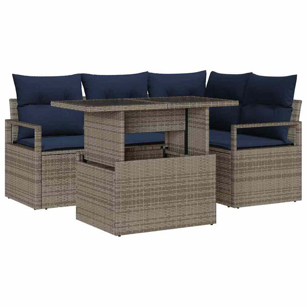 vidaXL 5-Piece Garden Sofa Set Grey and Navy Blue Poly Rattan