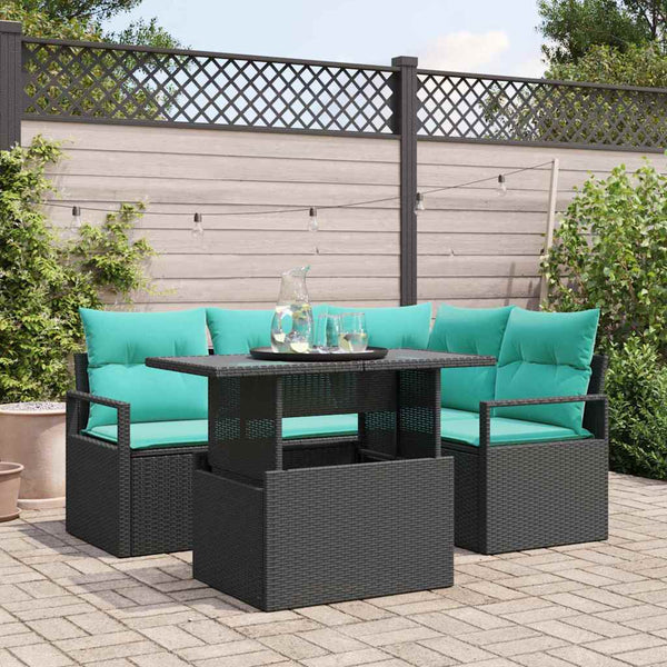 vidaXL Garden Sofa Set with Cushions 5 pcs Black and Blue Poly Rattan