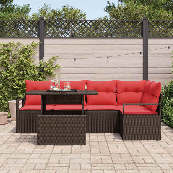 vidaXL Garden Sofa Set with Cushions 6 pcs Brown and Red Poly Rattan