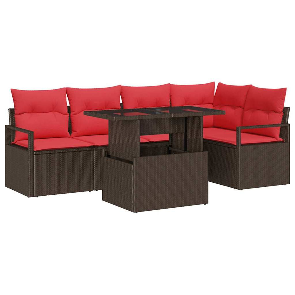 vidaXL Garden Sofa Set with Cushions 6 pcs Brown and Red Poly Rattan