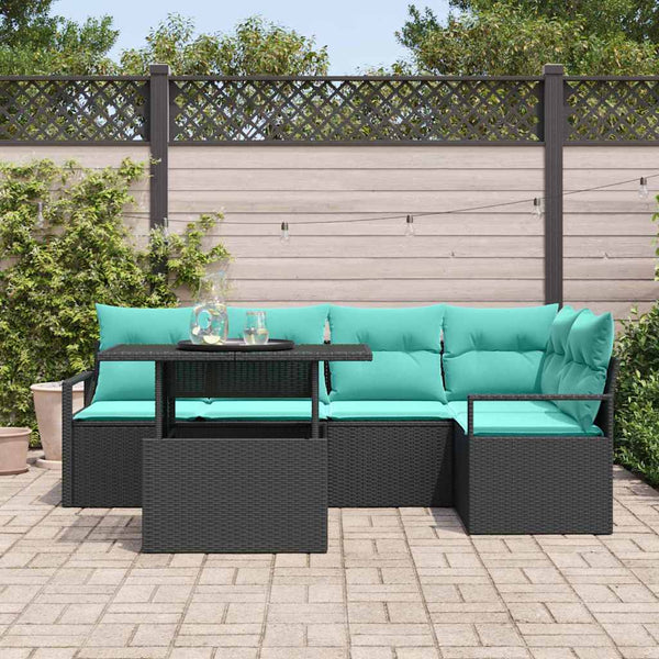 vidaXL Garden Sofa Set with Cushions 6 pcs Black and Blue Poly Rattan