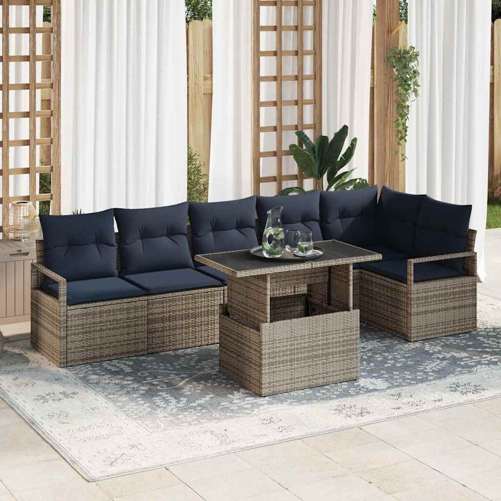 Gartensofa Set Grau Marineblau Poly-Rattan 7-teilig