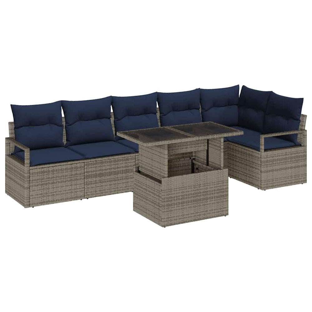 Gartensofa Set Grau Marineblau Poly-Rattan 7-teilig