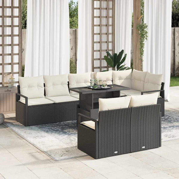 Garten Sofa Set Schwarz Creme Poly-Rattan 9-teilig