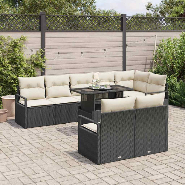 Garten Sofa Set Schwarz Creme Poly-Rattan 9-teilig