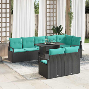 vidaXL Outdoor Sofa Set with Storage 9 pcs Black and Blue Poly Rattan