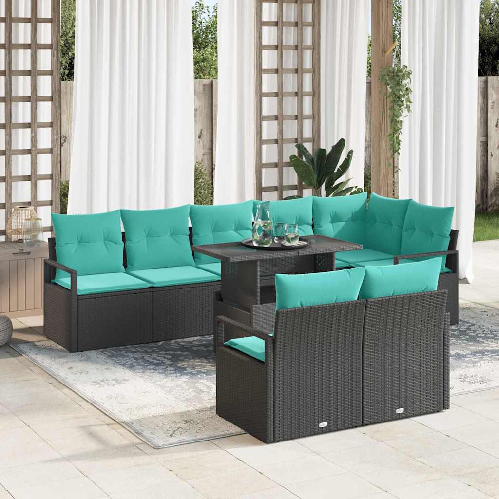 vidaXL Outdoor Sofa Set with Storage 9 pcs Black and Blue Poly Rattan
