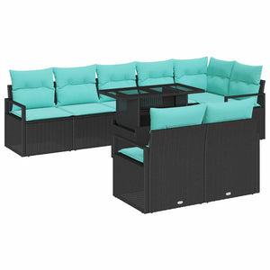 vidaXL Outdoor Sofa Set with Storage 9 pcs Black and Blue Poly Rattan