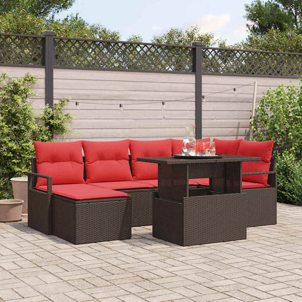 vidaXL Garden Sofa Set with Storage 7 pcs Brown and Red Poly Rattan