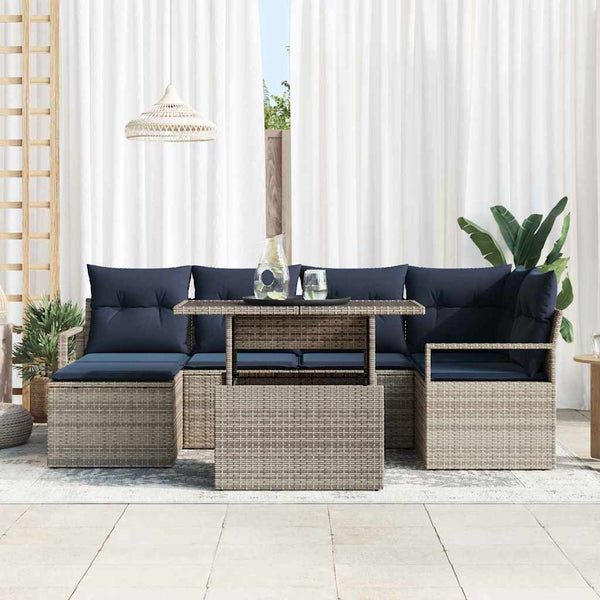 7-teiliges Gartensofa-Set Grau Marineblau Poly Rattan