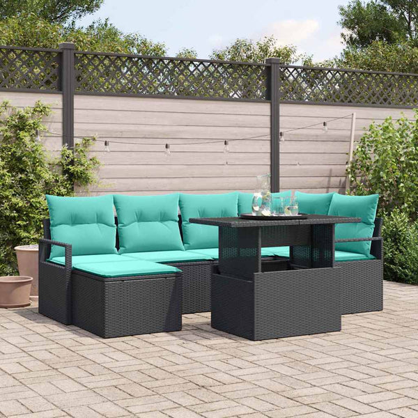 vidaXL Outdoor Sofa Set with Storage 7 pcs Black and Blue Poly Rattan
