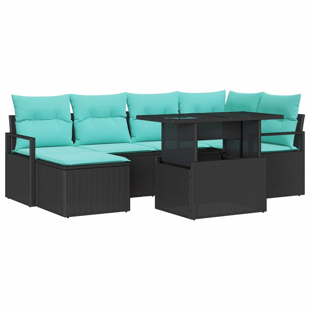 vidaXL Outdoor Sofa Set with Storage 7 pcs Black and Blue Poly Rattan