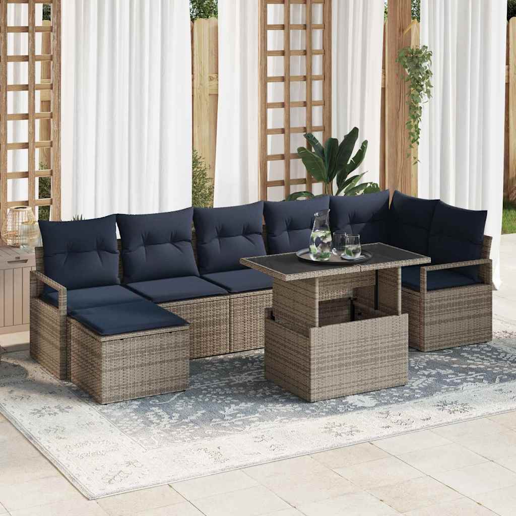 Gartensofa Set 8-teilig Grau/Marineblau