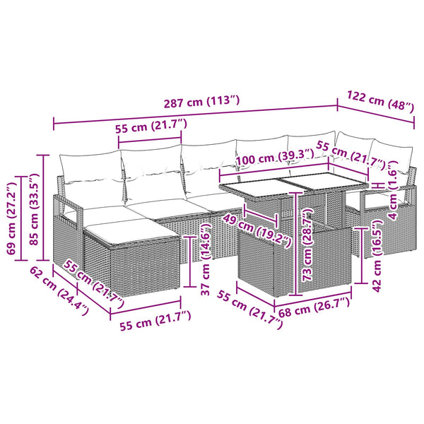 Gartensofa Set 8-teilig Grau/Marineblau
