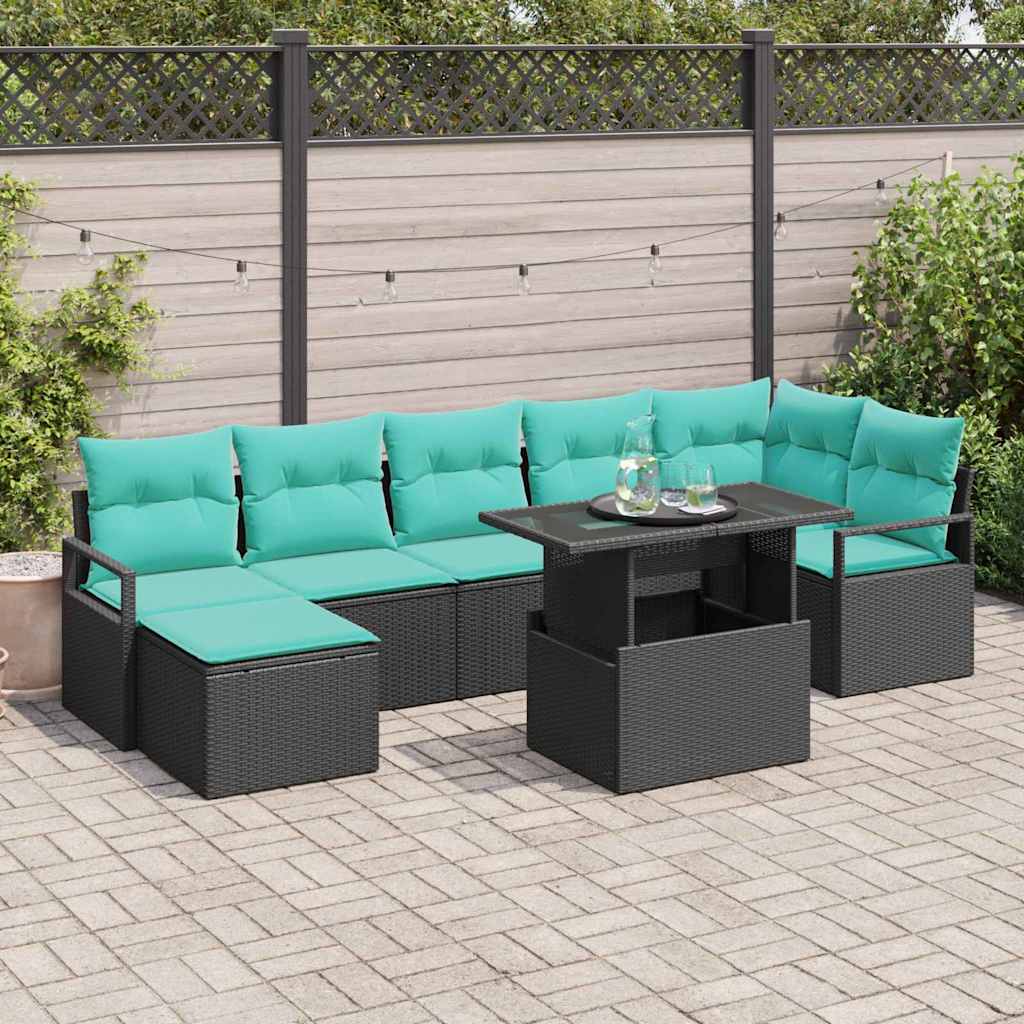 vidaXL Garden Sofa Set with Cushions 8 pcs Black and Blue Poly Rattan