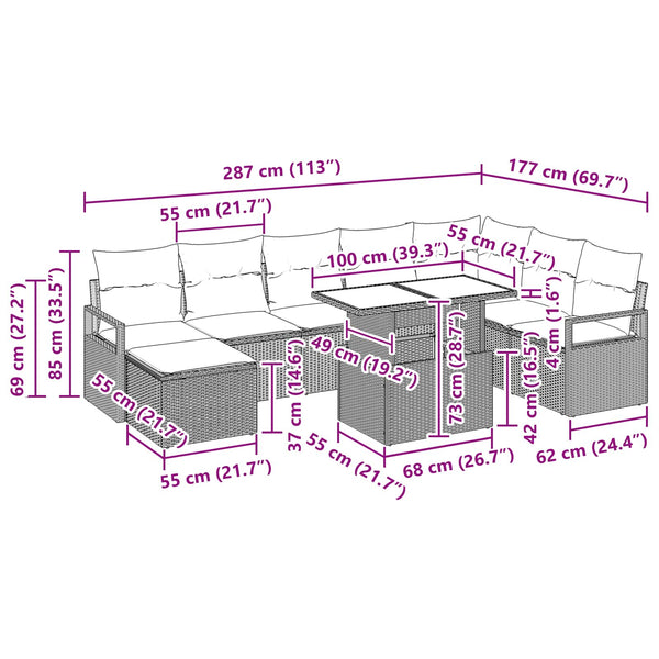 Garten Sofa Set mit Kissen, 9-teilig, Schwarz/Blau