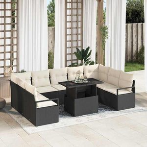 Garten Sofa Set Schwarz Creme Poly Rattan 10-teilig