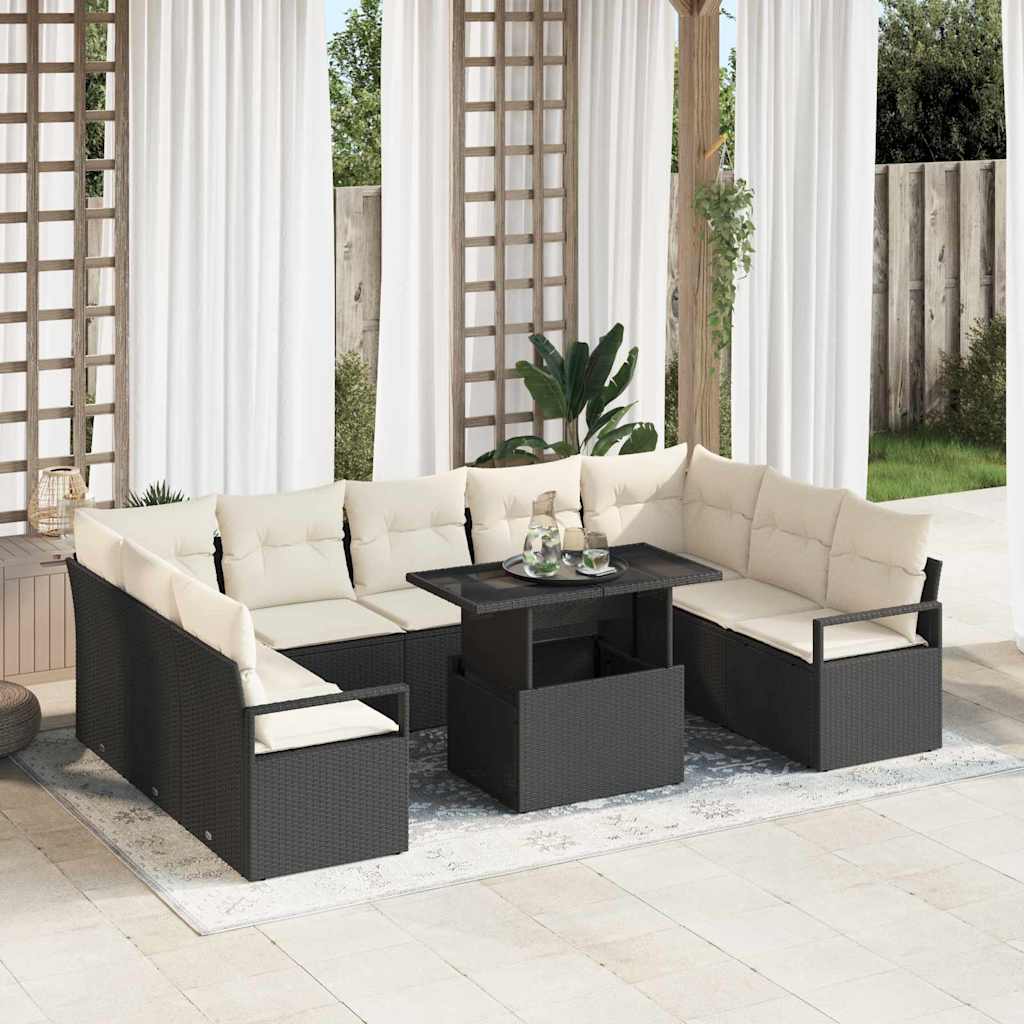 Garten Sofa Set Schwarz Creme Poly Rattan 10-teilig