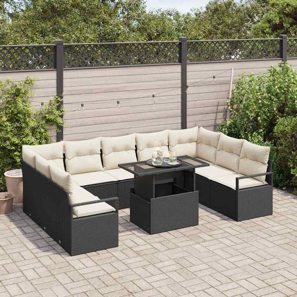 Garten Sofa Set Schwarz Creme Poly Rattan 10-teilig