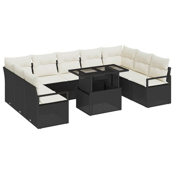 Garten Sofa Set Schwarz Creme Poly Rattan 10-teilig
