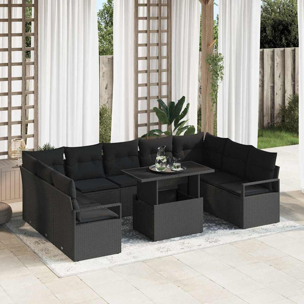 vidaXL Garden Sofa Set with Cushions 10 pcs Black Poly Rattan