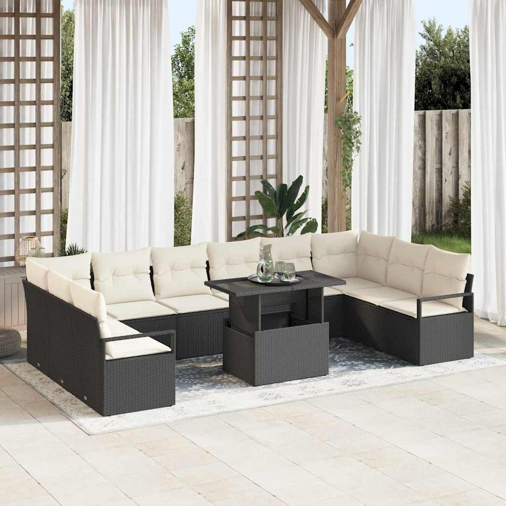 vidaXL Garden Sofa Set with Cushions 11 pcs Black and Cream Poly Rattan