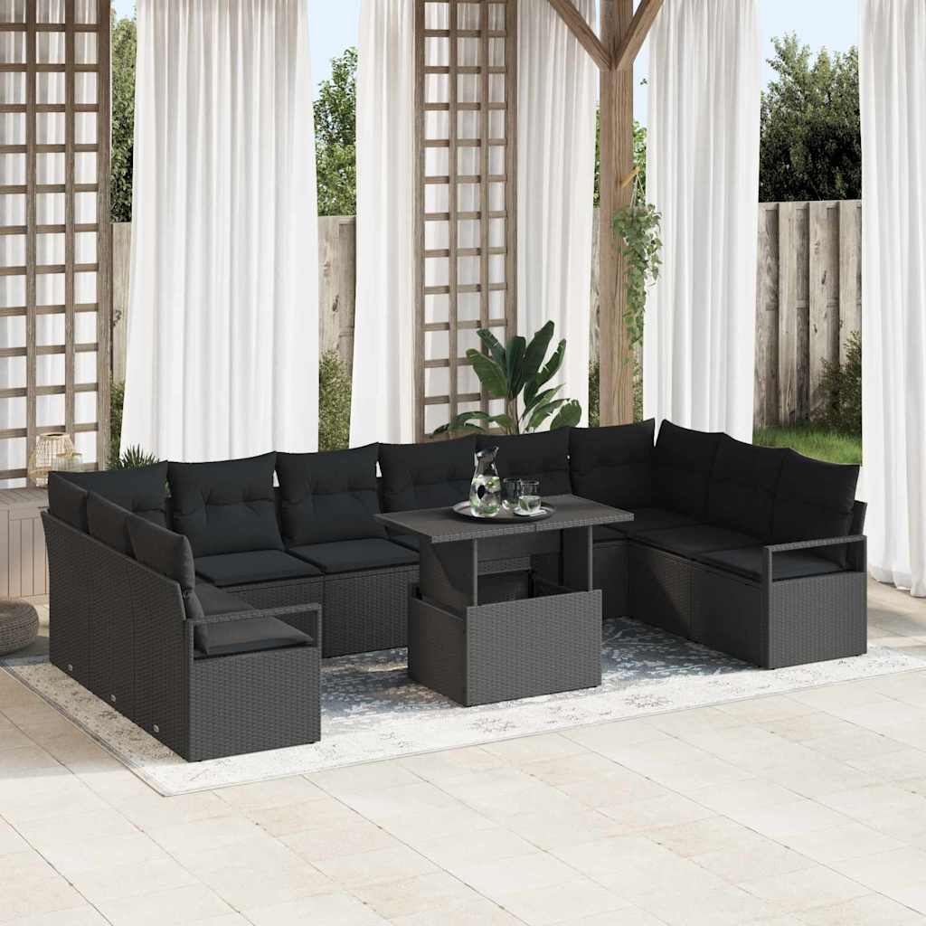 vidaXL Garden Sofa Set with Cushions 11 pcs Black Poly Rattan