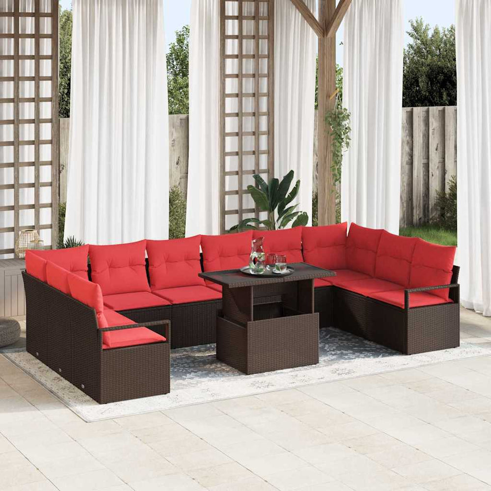 Poly-Rattan Gartensofa-Set mit Kissen, Braun/Rot, 11-teilig