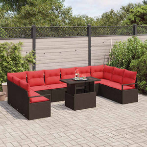 Poly-Rattan Gartensofa-Set mit Kissen, Braun/Rot, 11-teilig