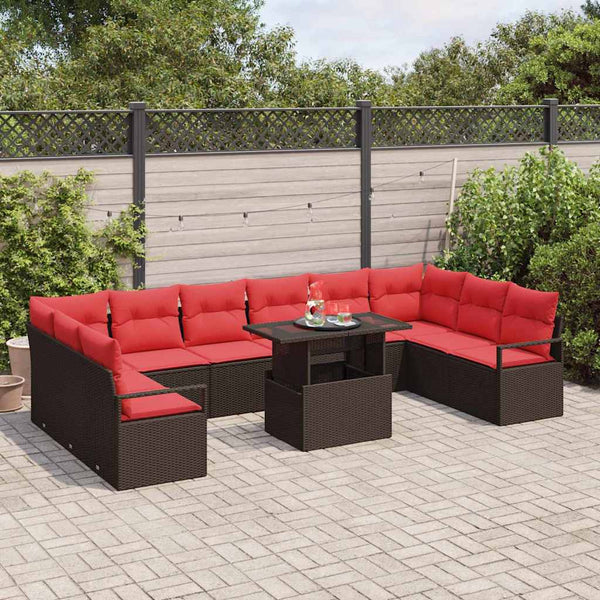 Poly-Rattan Gartensofa-Set mit Kissen, Braun/Rot, 11-teilig