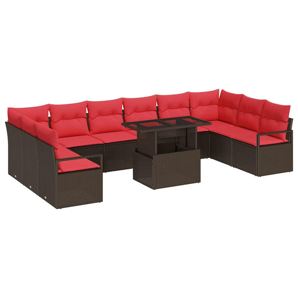 Poly-Rattan Gartensofa-Set mit Kissen, Braun/Rot, 11-teilig