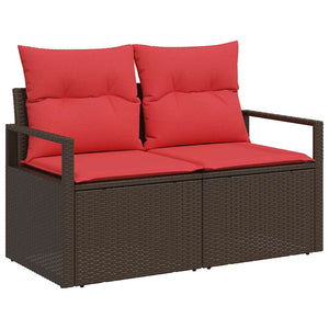 Poly-Rattan Gartensofa-Set mit Kissen, Braun/Rot, 11-teilig