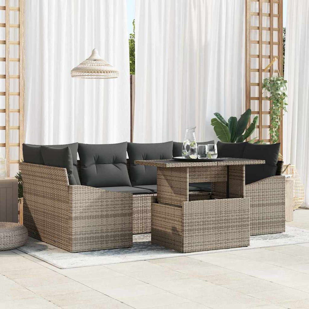 vidaXL 7-Piece Poly Rattan Garden Sofa Set with Storage and Cushions Grey