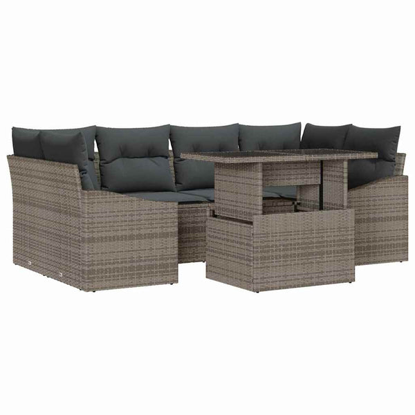 vidaXL 7-Piece Poly Rattan Garden Sofa Set with Storage and Cushions Grey