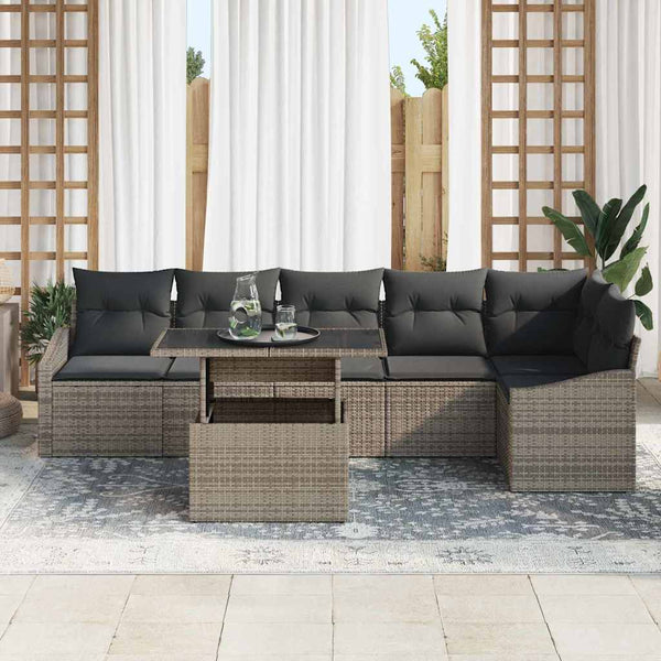 Gartensofa Set Grau Poly Rattan 7-teilig