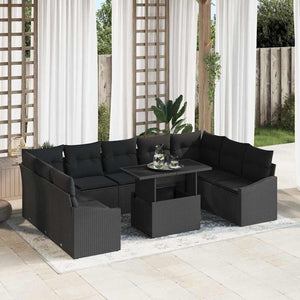 vidaXL Sofa Set with Cushions 10 pcs Black Poly Rattan