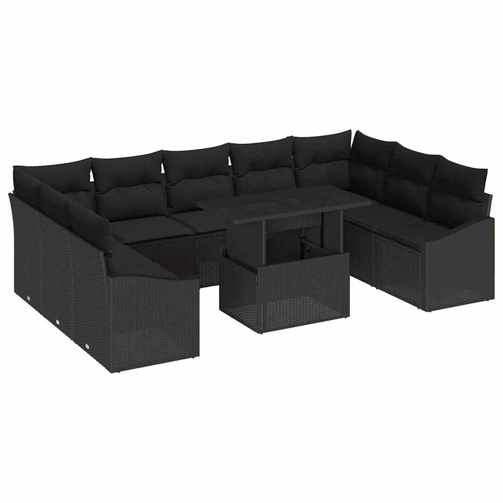 vidaXL Sofa Set with Cushions 10 pcs Black Poly Rattan
