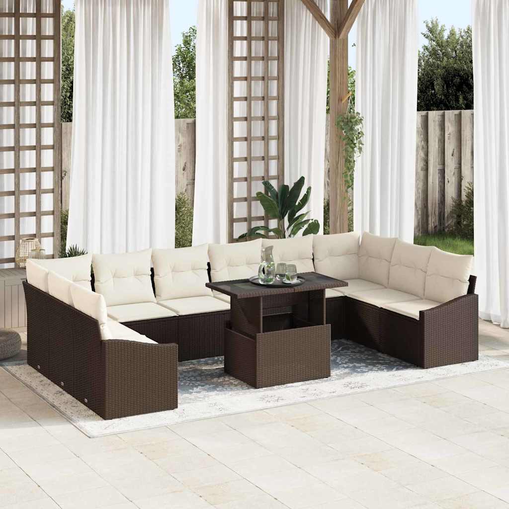 vidaXL Sofa Set with Cushions 11 pcs Brown and Cream Poly Rattan