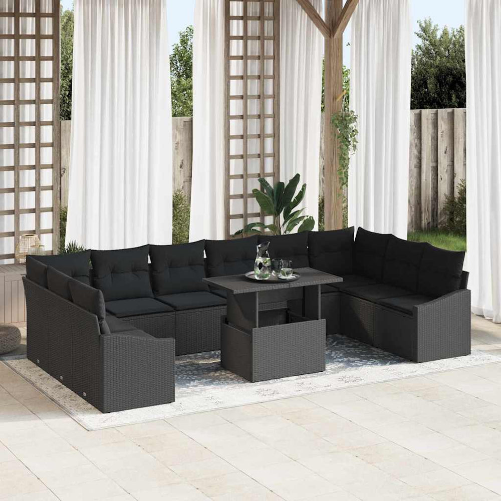 vidaXL Sofa Set with Cushions 11 pcs Black Poly Rattan