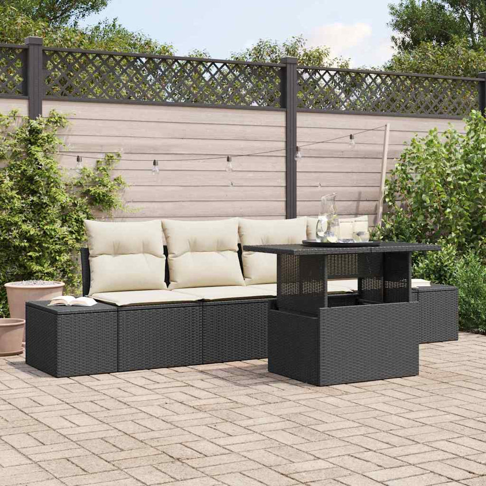 vidaXL Sofa Set with Cushions 5 pcs Black and Cream Poly Rattan